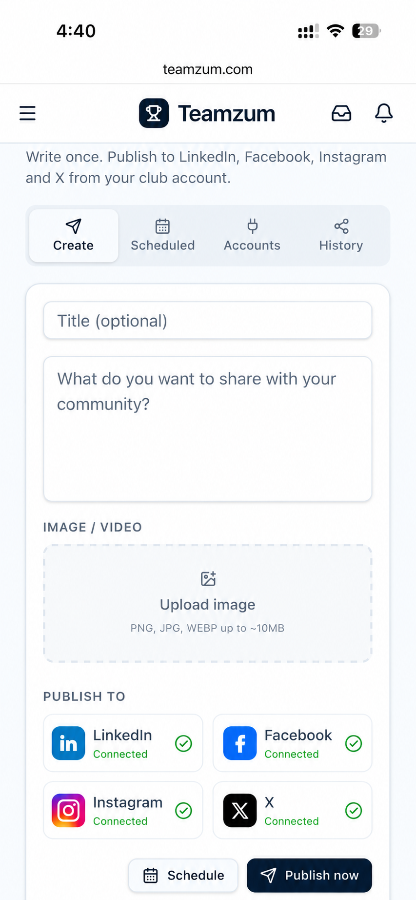 Teamzum social sharing — composing a post to Facebook, Instagram, LinkedIn and X