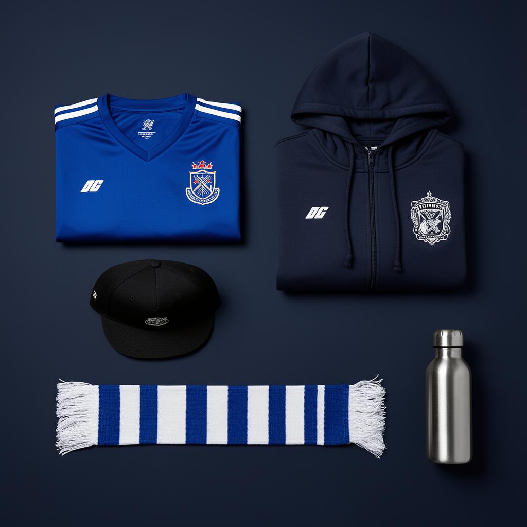 Branded club merchandise — jersey, hoodie, cap, scarf and water bottle